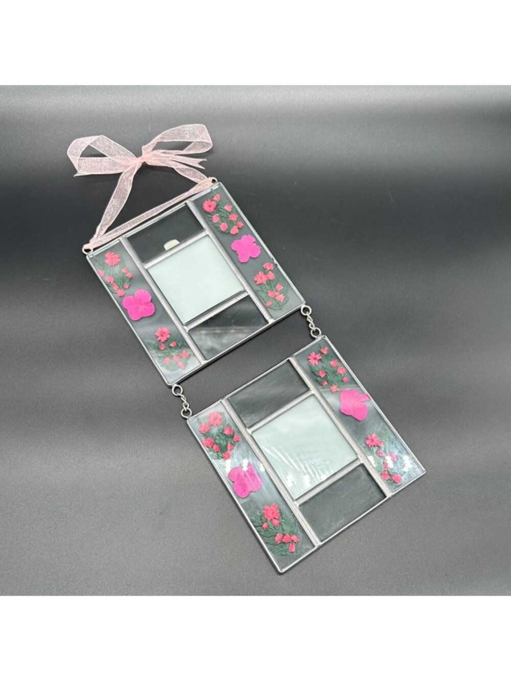Vintage Hanging Picture Frames Pink Pressed Flowers Pewter Double Photos Cottage